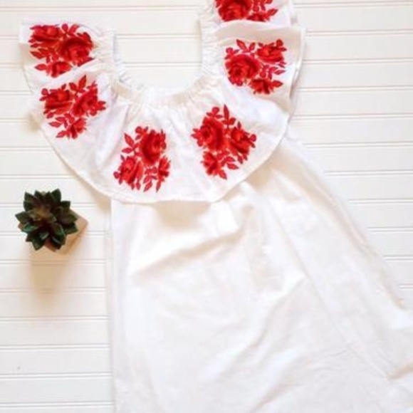 Off Shoulder Embroidered Yoke White Dress - Picture 1 of 2